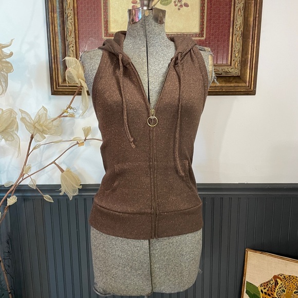 Vintage Y2K Old Navy Brown Metallic Sleeveless Halter Hoodie Zip Vest - S ๐๐ - Picture 2 of 13